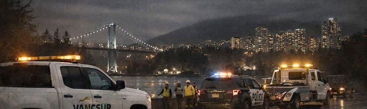 A night incident on a waterfront highway in rain: a traffic control truck with roof beacons lit, crew in high-visibility apparel, a police vehicle and a tow truck working the scene, with a suspension bridge and city lights behind.