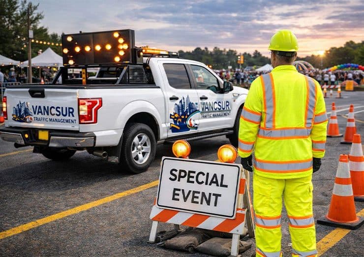 A Vancsur truck with a roof-mounted arrow board and a crew member beside a SPECIAL EVENT sign, controlling access to an event site at dusk.