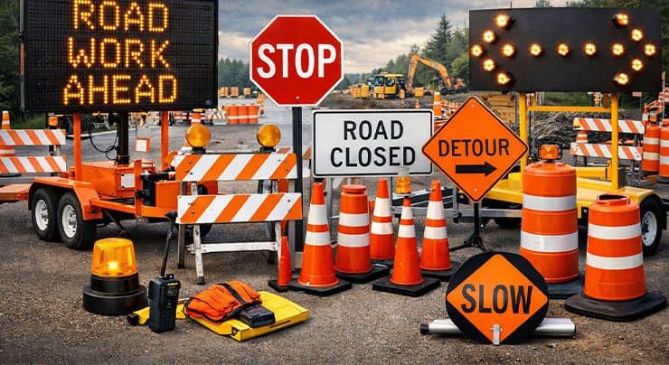 Traffic control devices set out together: a variable message board reading ROAD WORK AHEAD, an arrow board, STOP and ROAD CLOSED signs, a DETOUR sign, cones, delineator drums, folding barricades, a beacon and a radio.